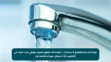 <p><strong>انقطاع 8 ساعات..</strong> قطع المياه يغطي عدة أحياء في القاهرة غدًا لأعمال صيانة هامة</p>